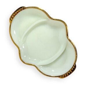Vintage Fire King Milk Glass Serving Tray Gold Beaded Rim Divided 3 Sections USA